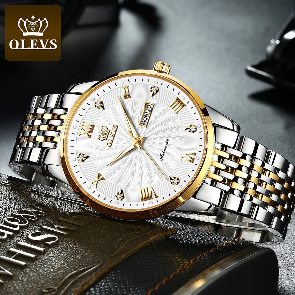 OLEVS Luxury Automatic Mechanical (No Battery) Men's Wrist Watch with Day Date Self Winding Stainless Steel Big Face Luminous Waterproof Watches White Dial